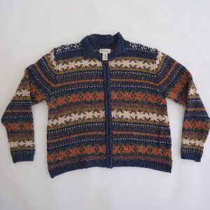 Vintage St Johns Bay Blue Fair Isle Stripe Wool Knit Zip Cardigan Cabincore XL